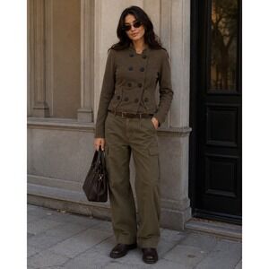 MNG by Mango Women Olive Brown Double Breasted Knit Military Jacket M Utility